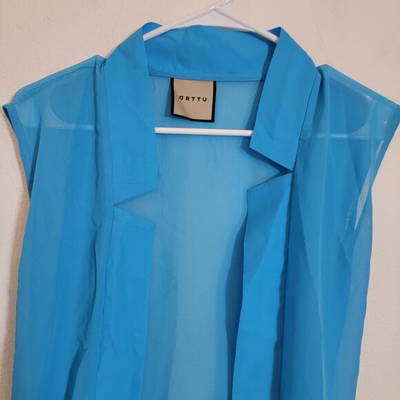 Orttu Star Neck Cardigan Blue Semi Sheer Chiffon Wrap Around Belt Small Kimono - Picture 5 of 16